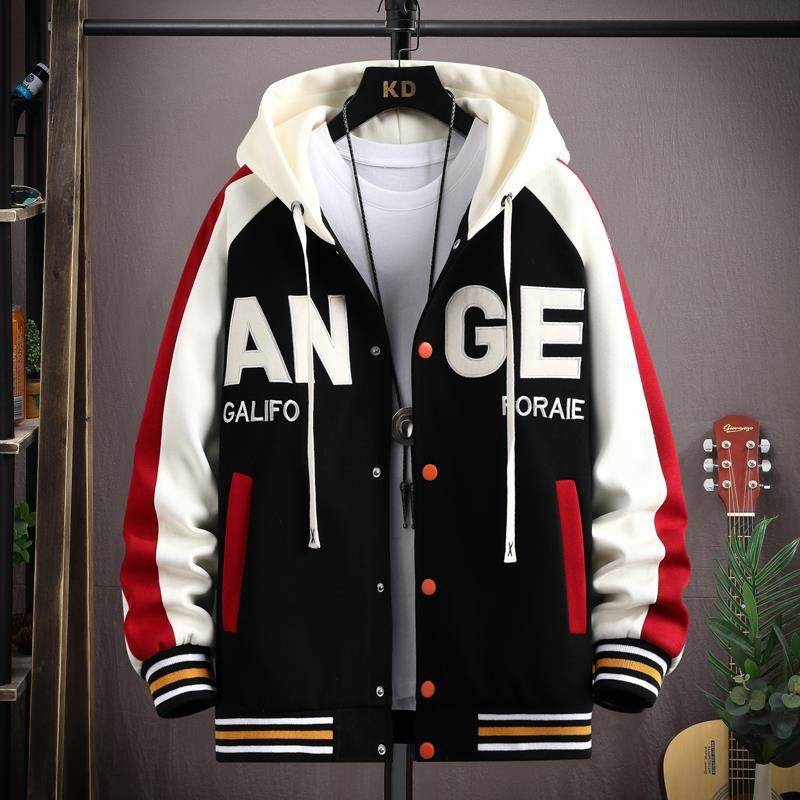 Autumn/Winter Fleece-Lined Men's Color-Blocked Cardigan Jacket, Teen Hooded Outerwear, Student Trendy Brand, Loose Casual Baseball Jacket