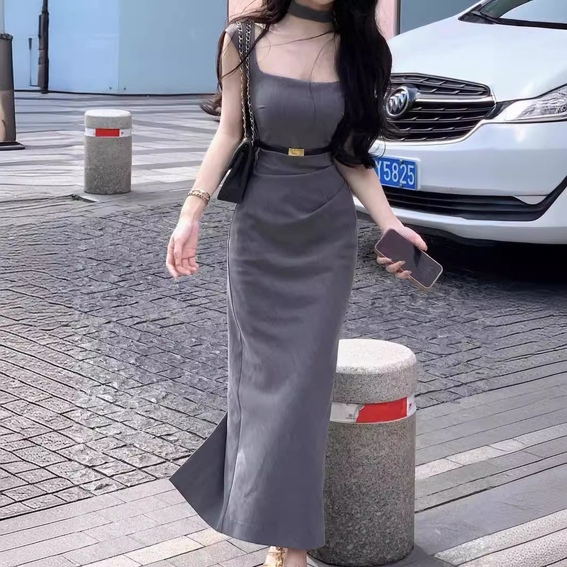 Summer new [miu 2.0] high-grade gray high waist dress female temperament slim slit hip skirt