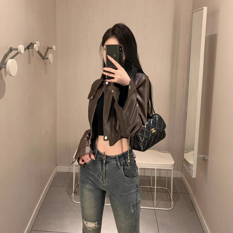 美式复古甜酷辣妹风咖色皮衣外套2025秋装新款设计感机车夹克上衣|undefined