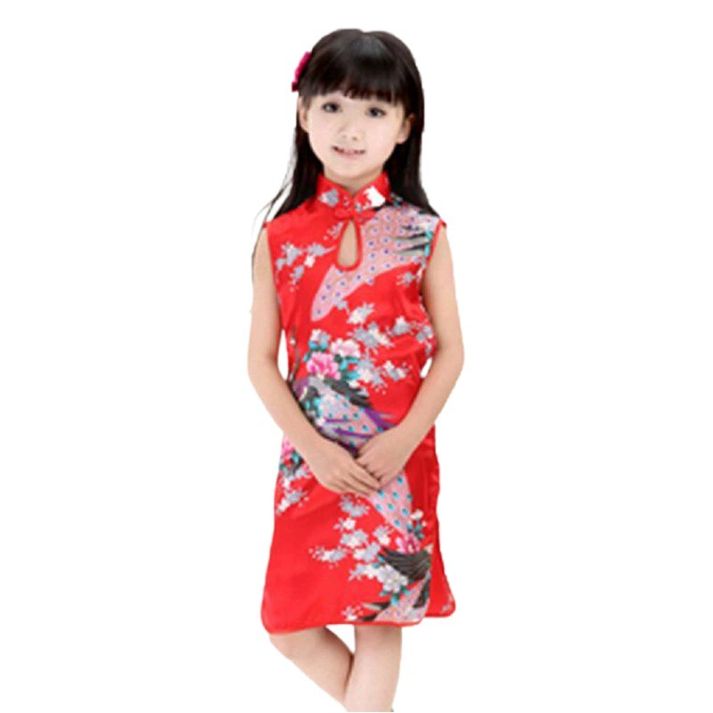 Летний красный Cheongsam для девочек, детский Павлин 6One, китайский ветер, новогодняя Детская одежда