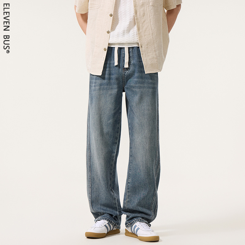 American Retro Drawstring Straight-Leg Jeans for Men, Trendy High-End Loose-Fitting Versatile Casual Men's Wide-Leg Jeans