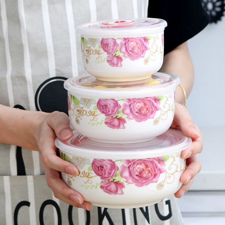 Набор из трех керамических контейнеров для хранения продуктов, ланч-бокс с крышкой для микроволновой печи, контейнер для еды в холодильник, герметичная посуда, миска для лапши быстрого приготовления, подходит для микроволновой печи.