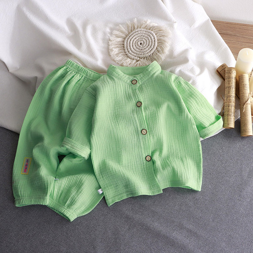 Children's Stand-up Collar Cotton Yarn Set Summer Thin Boys' and Girls' Pure Cotton Homewear Baby Muslin Air Conditioning Clothing Children's Clothing