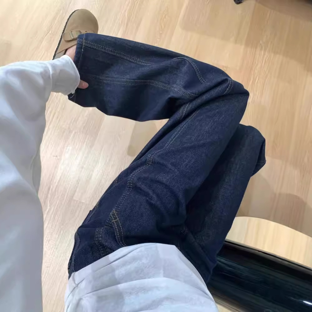 다크 블루 청바지 여성 플러스 사이즈 통통녀 슬리밍 바지 봄과 가을 좁은 넓은 다리 바지 높은 허리 느슨한 스트레이트 바지