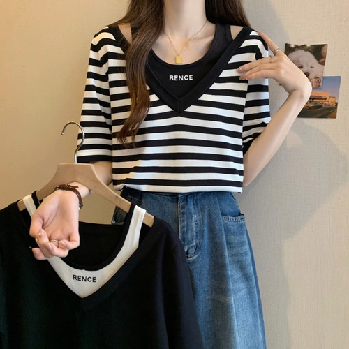 Summer women's clothing extra-large size 300kg fat mm design stripe short-sleeved T-shirt women's trend