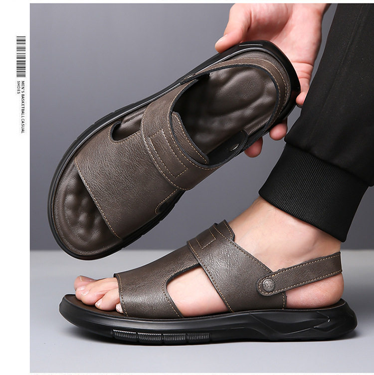 Dép sandal nam đế dày đúc phun, đế mềm chống trượt, hở ngón khoét lỗ thoáng khí đi biển — Màu nâu, màu xám, màu đen chi tiết 14