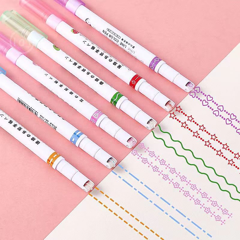 Creative 6-Color Curved Pen Flower Shape Outline Pen DIY Journal Pen Colorful Fluorescent Pen Student Highlighting Marker