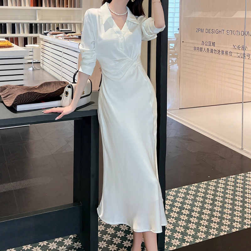 French Light and Gentle Style White Shirt Dress for Women Early Autumn New Intellectual Waist Slimming Beautiful Long Skirt French Light and Gentle Style White Shirt Dress for Women Early Autumn New Intellectual Waist Slimming Beautiful Long Skirt