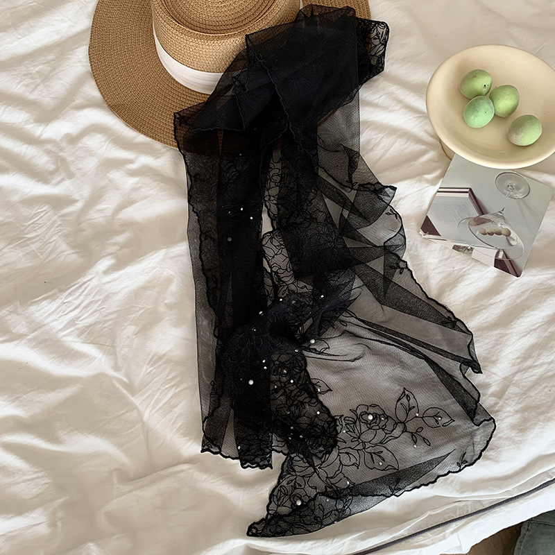 Bufandas de seda de alta calidad primavera y verano encaje clavos perlas bufandas de seda gancho flores bordadas bufandas de diseño