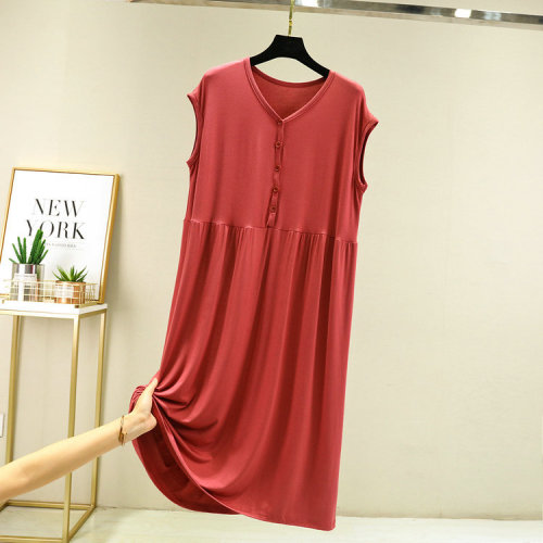 Summer Outerwear Modal Sleeveless Dress for Women: Loose Fit, Flared Design, Buttoned V-Neck Base Layer, Perfect for Casual Home Wear