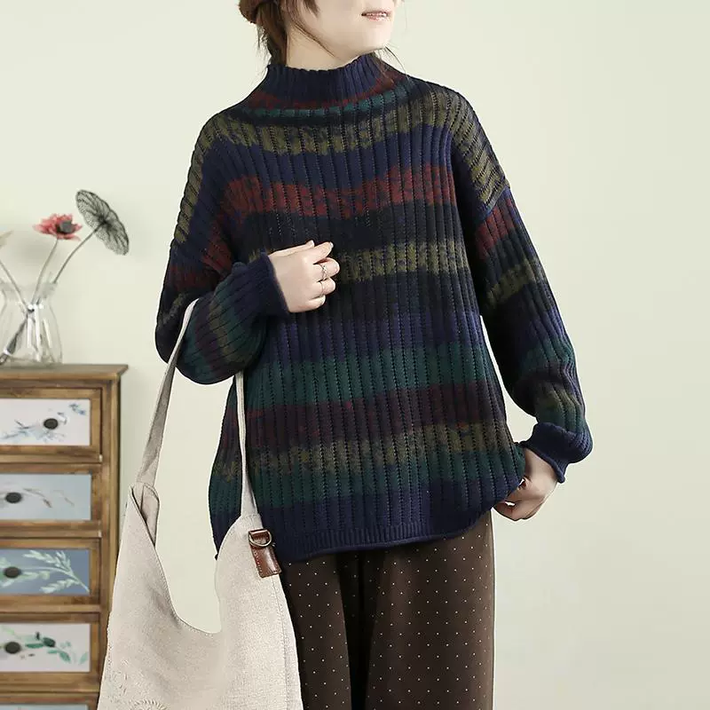 Ретро спицевый демисезонный свитер, тёплый с длинным рукавом, свободный крой