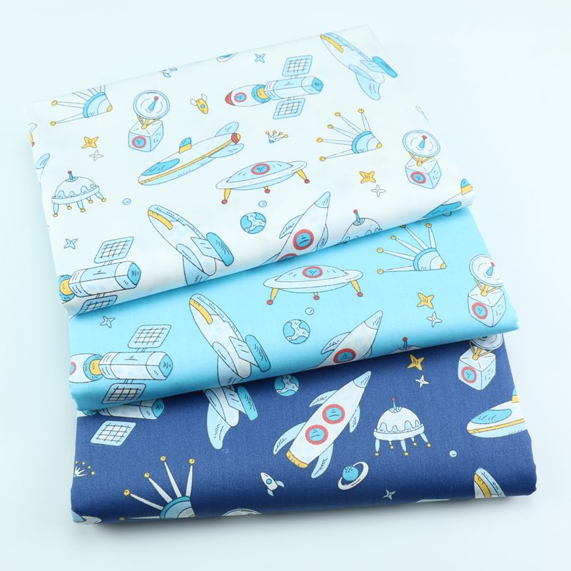 卡通太空飞船印花布料 幼儿园宝宝全棉面料 儿童纯棉斜纹梭织布料