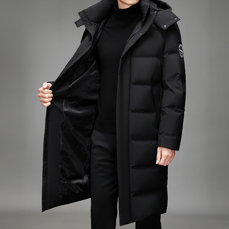 New Cross-Border European and American Long Winter Men's down Jacket with Hood, Zipper, Warm Cardigan Coat, Men's Trench Coat