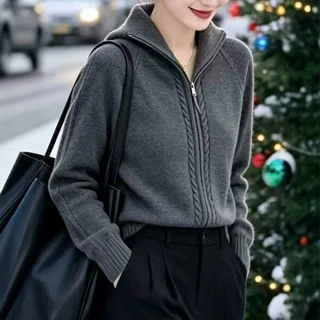 秋冬新款韩版双拉链慵懒立领针织开衫女显瘦翻领扭花加厚毛衣外套