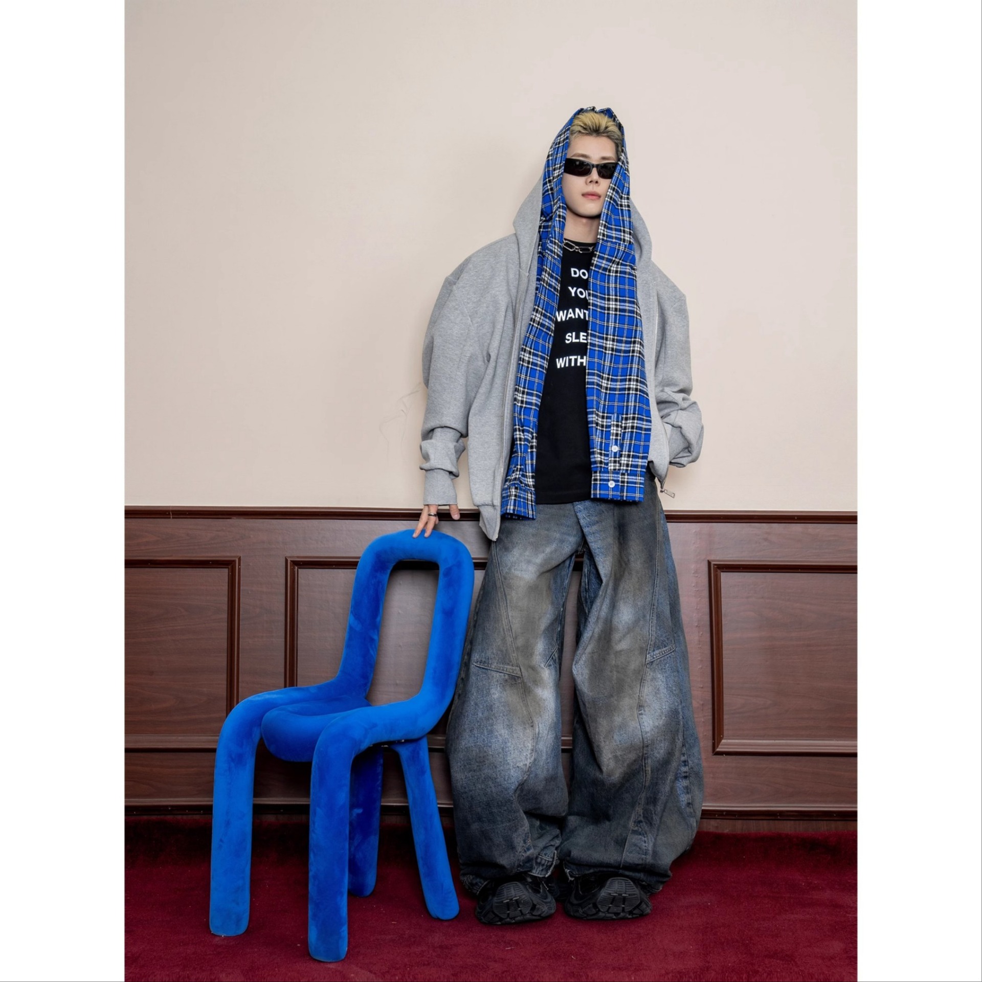 ​​Men's Checkered Zip-Up Hoodie – Heavyweight Faux Layered Pullover With Drop Shoulder & Side Pockets (Cotton Blend, Grey/Black, M-3XL)​​_voghion.com