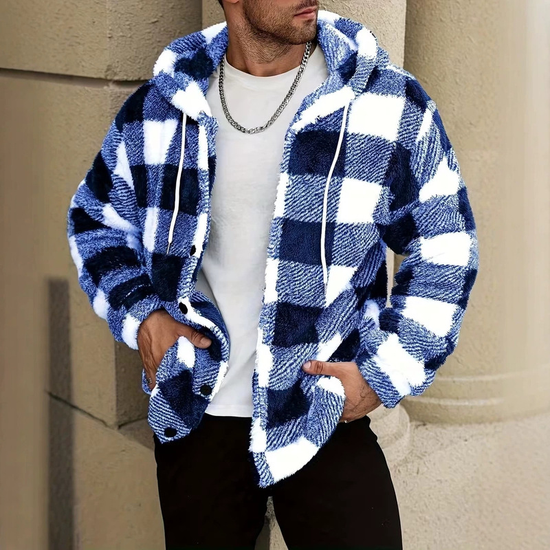 H038 Cross-border European and American foreign trade men's plaid print warm hooded long-sleeve casual autumn and winter outdoor fleece jacket H038 Cross-border European and American foreign trade men's plaid print warm hooded long-sleeve casual autumn and winter outdoor fleece jacket