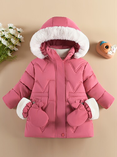 Women's children's snow clothes, small children's monochrome warm outerwear, stylish medium-length coat, cotton warm clothing for autumn and winter, lined inner jacket.