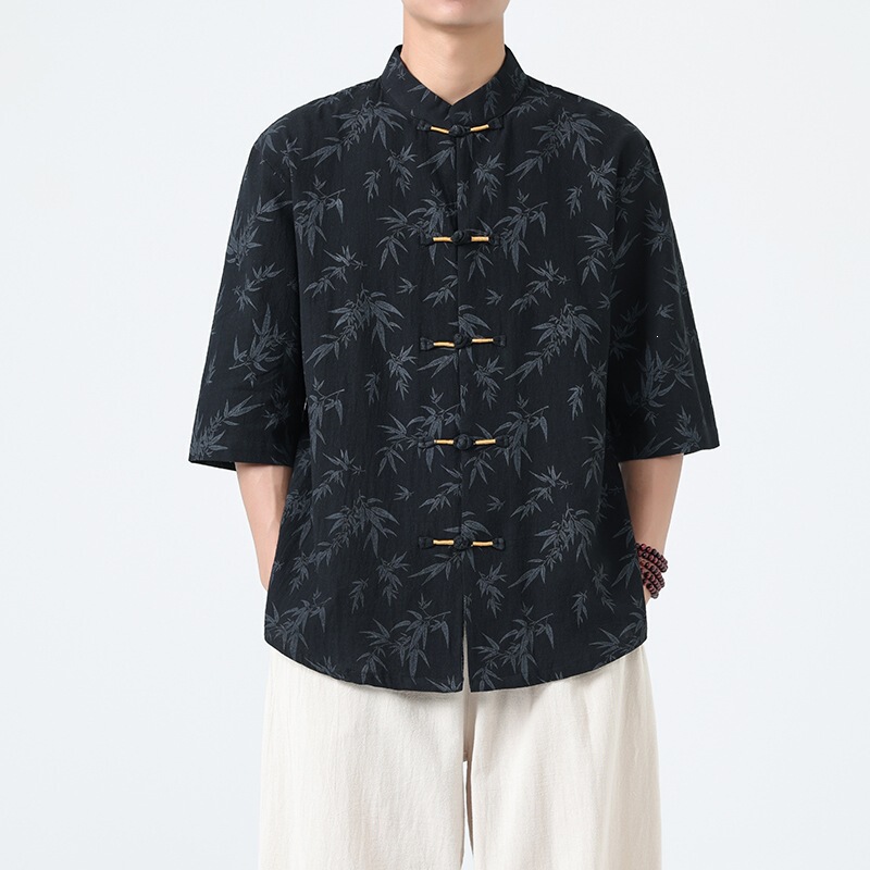 Men's shirt with three-quarter sleeves, printed stand-up collar, Chinese style XZ1512-2553-P45 Men's shirt with three-quarter sleeves, printed stand-up collar, Chinese style XZ1512-2553-P45