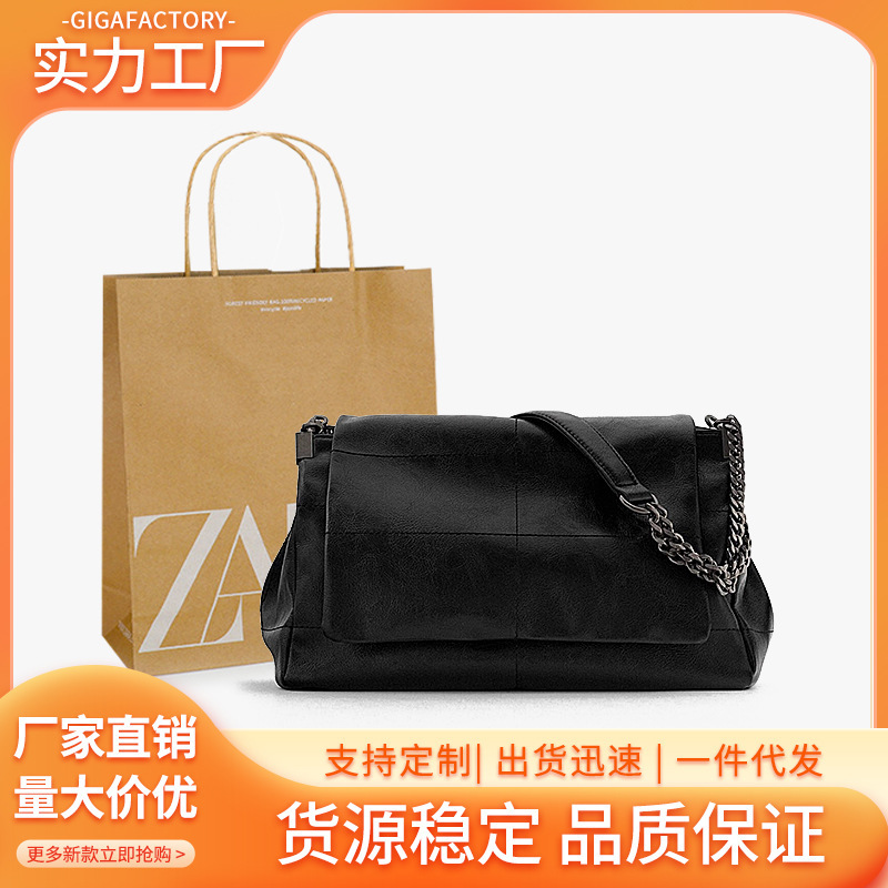Z Brand 2025 Black Soft Leather Rock Rhombus Chain Bag for Women, Large Capacity Commuter Tote Bag, Single Shoulder Trendy Style