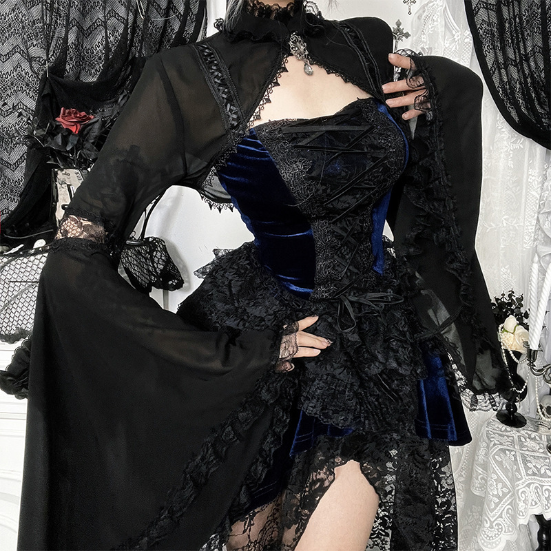 XS25196亚文化蕾丝罩衫上衣女 夏季新款百搭暗黑风披肩