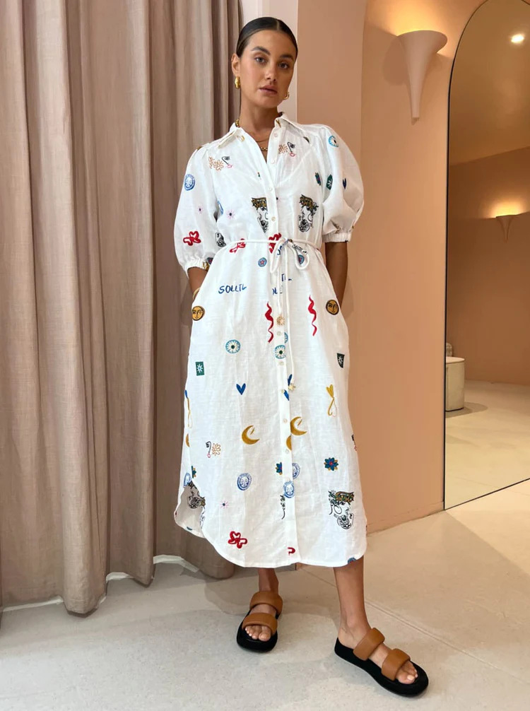 350g Weight Maxi Long Dress Dress Length Type Wholesale Women's Casual Classic Style Printing Moon Heart Shape Daily Turndown Short Sleeve Regular Dress