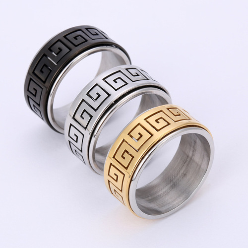 Cross-border simple stainless steel jewelry, rotatable Great Wall pattern ring titanium steel creative handmade ring direct from manufacturer supply