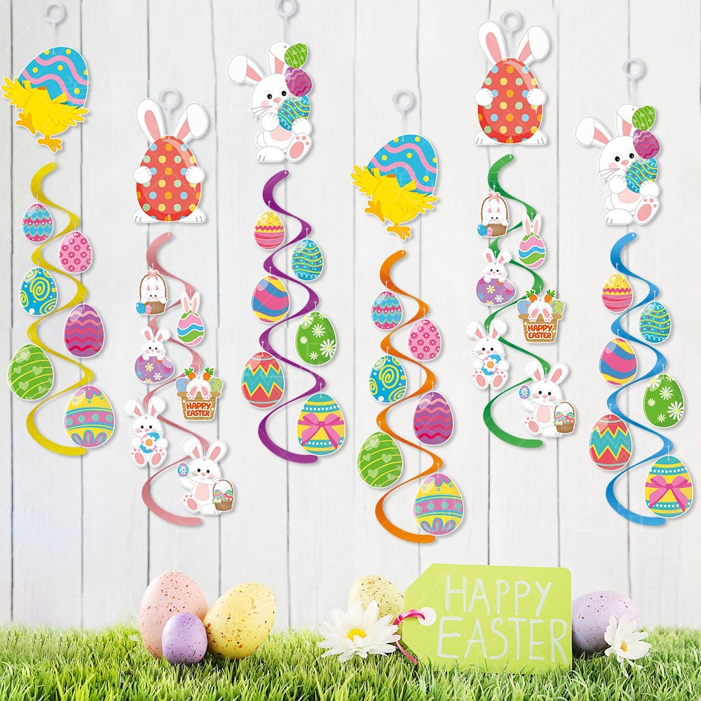 Amazon nueva decoración de pascua adornos en espiral PVC huevo conejo giratoria carillones de viento adornos en espiral