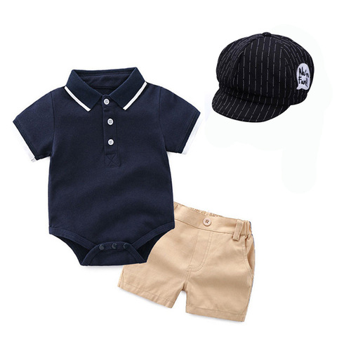 Cross-border New Baby Boy Gentleman POLO Shirt Romper Suit + Hat Boys and Children's Clothing Wholesale Dropshipping
