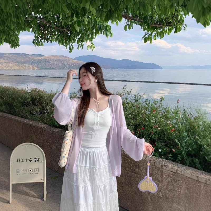 Thin Cardigan with High-End Skirt for Women, Summer Mid-Length Sun Protection Jacket, Knitted Top