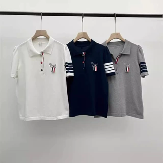 夏季新款polo翻领胸前织带小狗刺绣泡泡短袖冰丝针织T恤女装上衣