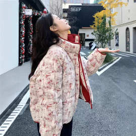 短款立领羽绒棉服外套女冬季大码胖mm高级感流行红色印花加厚棉衣