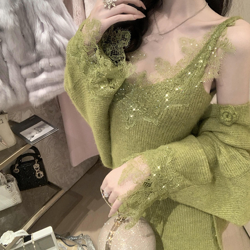 多伦多之秋 立体针织花朵开衫蕾丝拼接吊带毛衣懒人套装女两件套|undefined