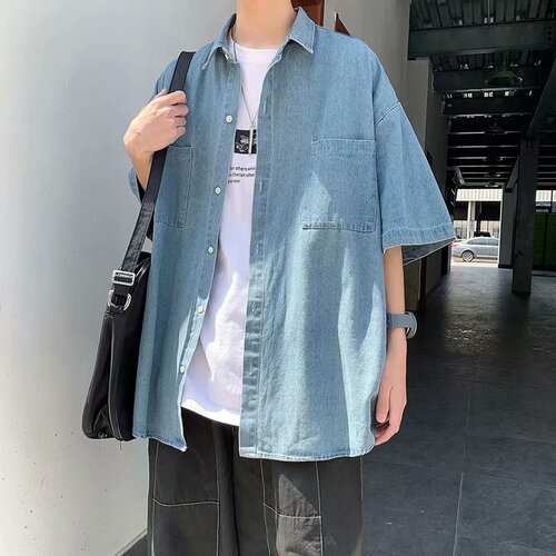 Men's Jeans Shirt, Korean Style, Fashion Summer Short Sleeve Jacket, Half Sleeve, Hong Kong Style, Bad Boy Chic, Workwear Compatible, Five-Finger Sleeve