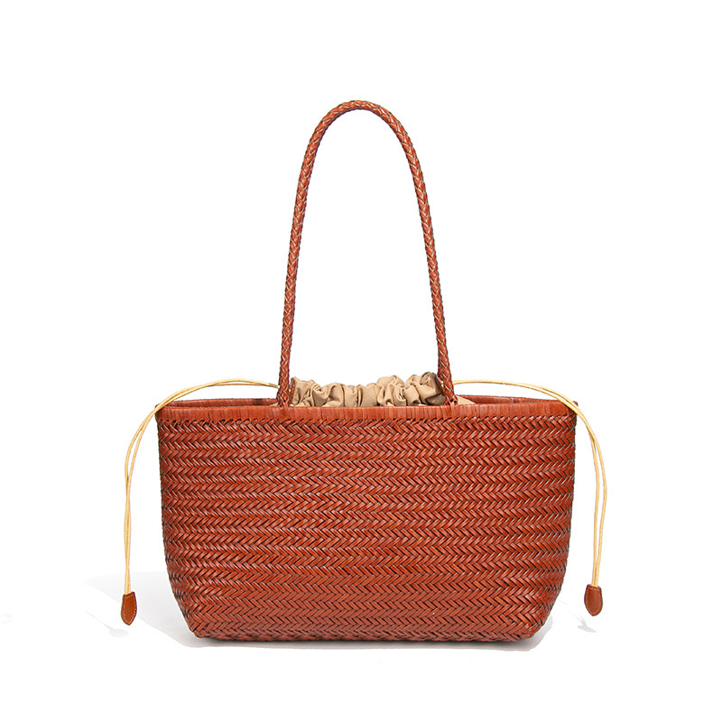 Luxury Beach Vacation Handbag Retro Genuine Leather Woven Bag Fashion Mother-Daughter Set Shoulder Underarm Tote Bag - Thumbnail 5
