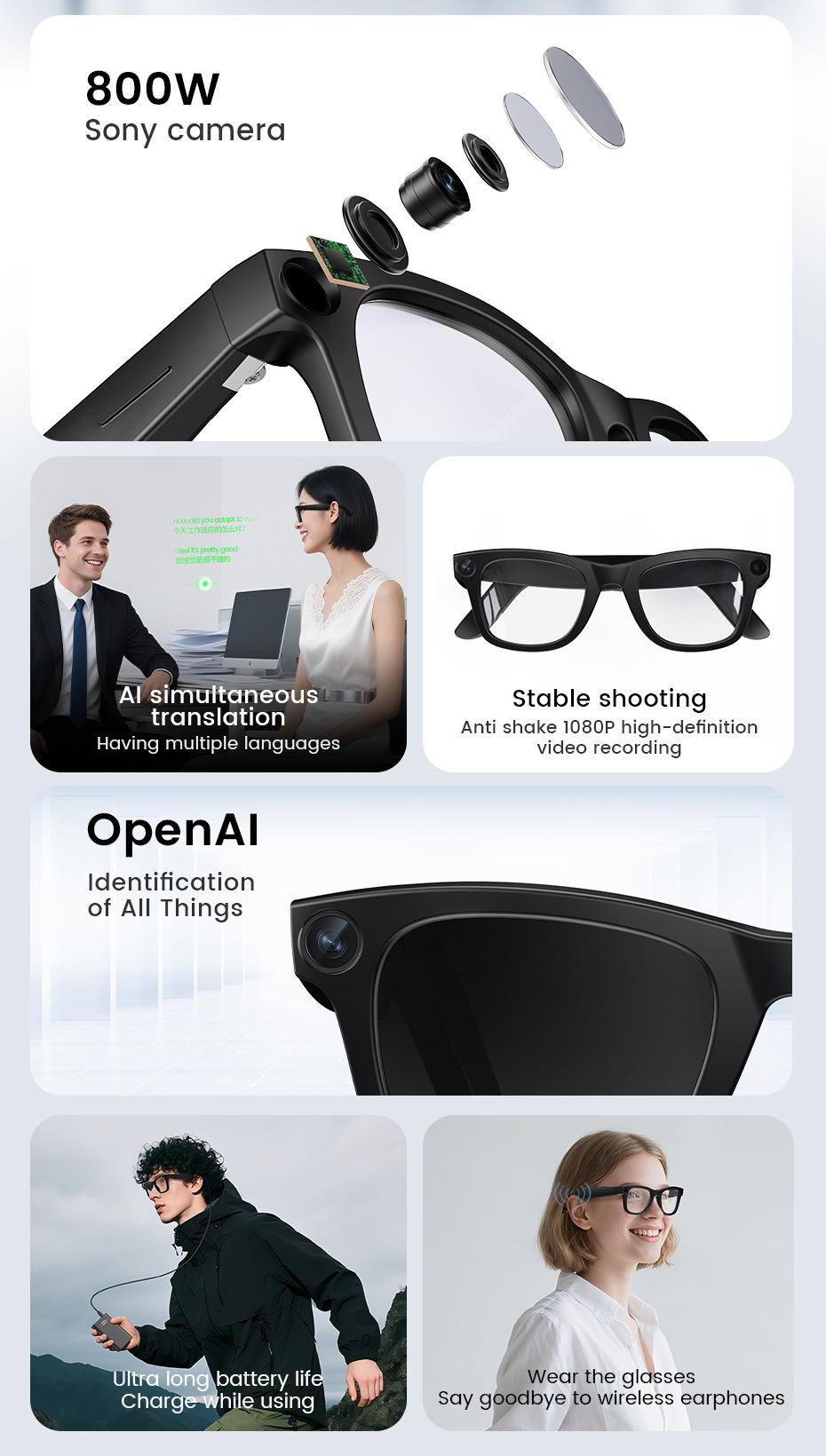 Grenzüberschreitend neue E03 intelligente KI-Foto-Brille mit 800W Kamera, Bildstabilisierung, Fotografie, Erkennung, Übersetzung intelligente Brille