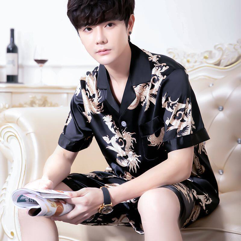 Korean Style Pajamas for Men, Summer Short-Sleeved Suit, Silk Thin Ice Silk, Large Size, Handsome Silk Home Clothes, Spring and Summer