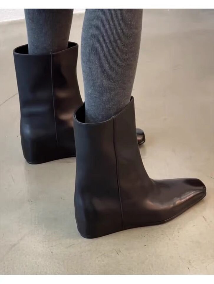 Bốt nữ cổ trung da bò thật mũi vuông ống rộng tôn dáng, gót xuồng 3–5 cm — Đen (lót lông), Đen (lót đơn) chi tiết 2