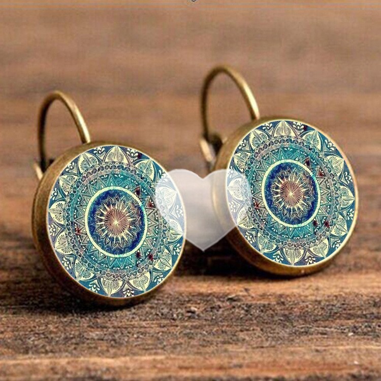 Cross-Border Hot Selling Retro Mandala Flower Time Gemstone Earrings Women's Ear Hook Jewelry Green Hoop Earrings