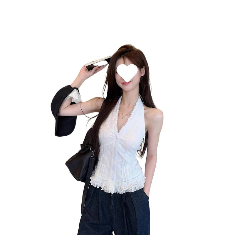 法式蕾丝挂脖吊带背心女夏季气质开衫外穿绝美显瘦鱼骨无袖上衣女|undefined