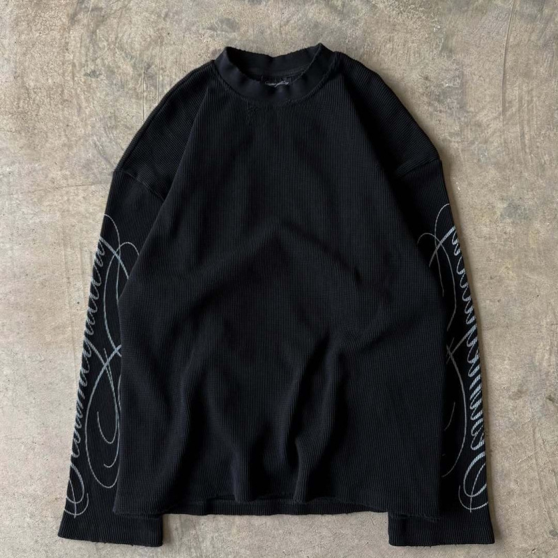 Other T-shirt Waffle Knit Sleeve Graphic Print Black