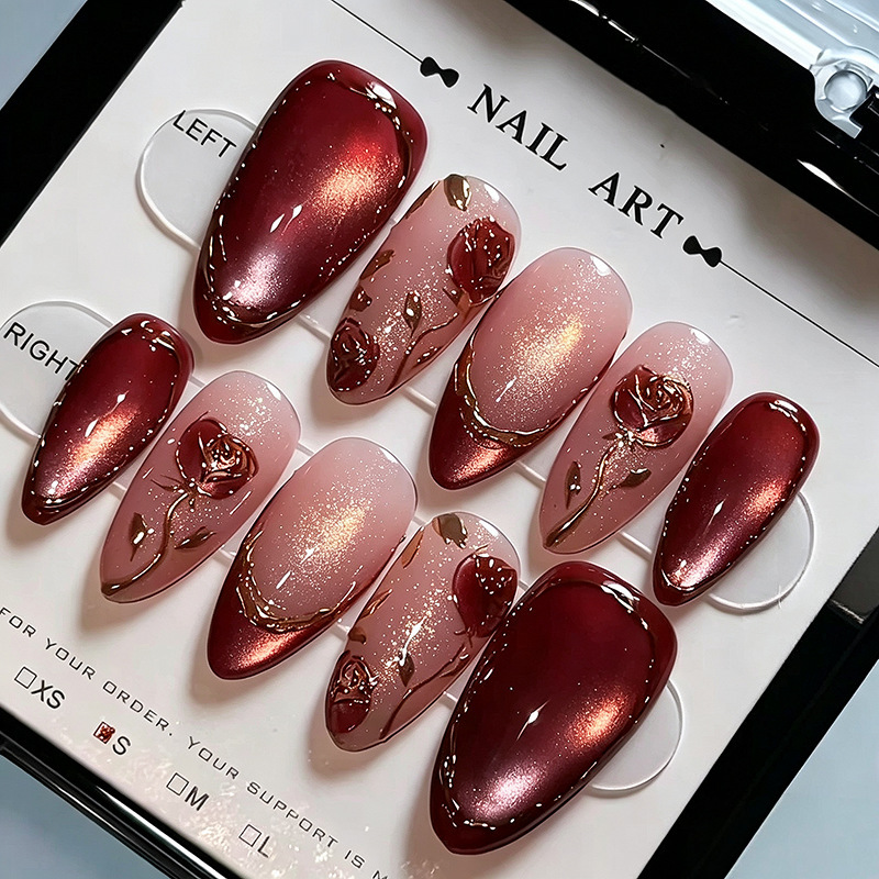 30 pieces of burgundy gold rose cat-eye print wearable almond-shaped French manicure gold-edged nail patches factory