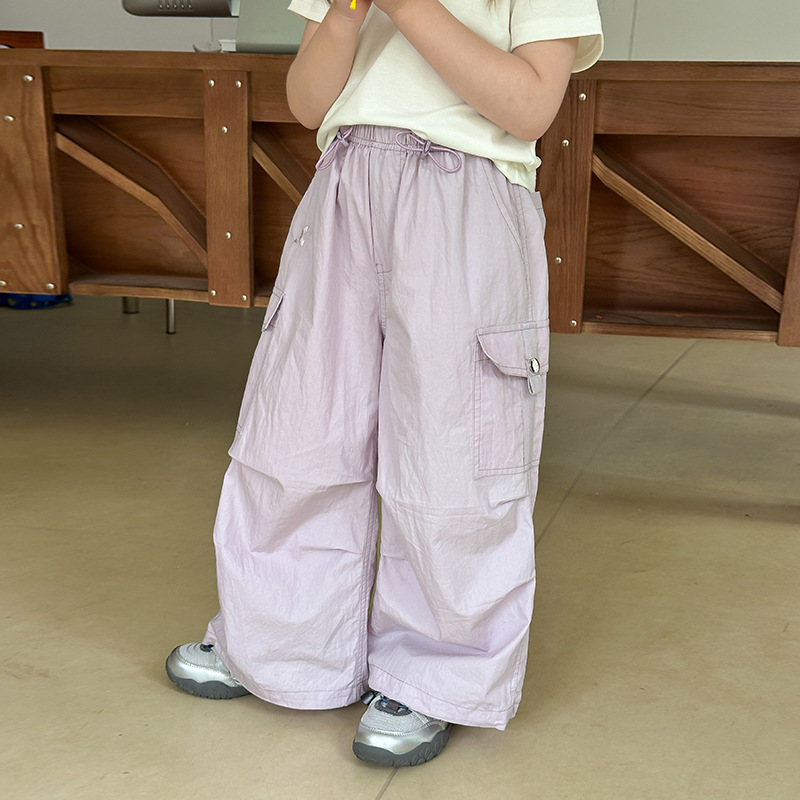 Aimo Beibei Summer Thin Children's Pants for Older Girls, Korean Style Loose Trendy Outdoor Pocket Cargo Pants