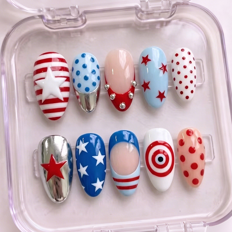 Cross-Border Hot-Selling Independence Day Almond-Shaped 30Pcs American-Style Red, White, and Blue Retro-Style Wearable Nail Star Nail Stickers