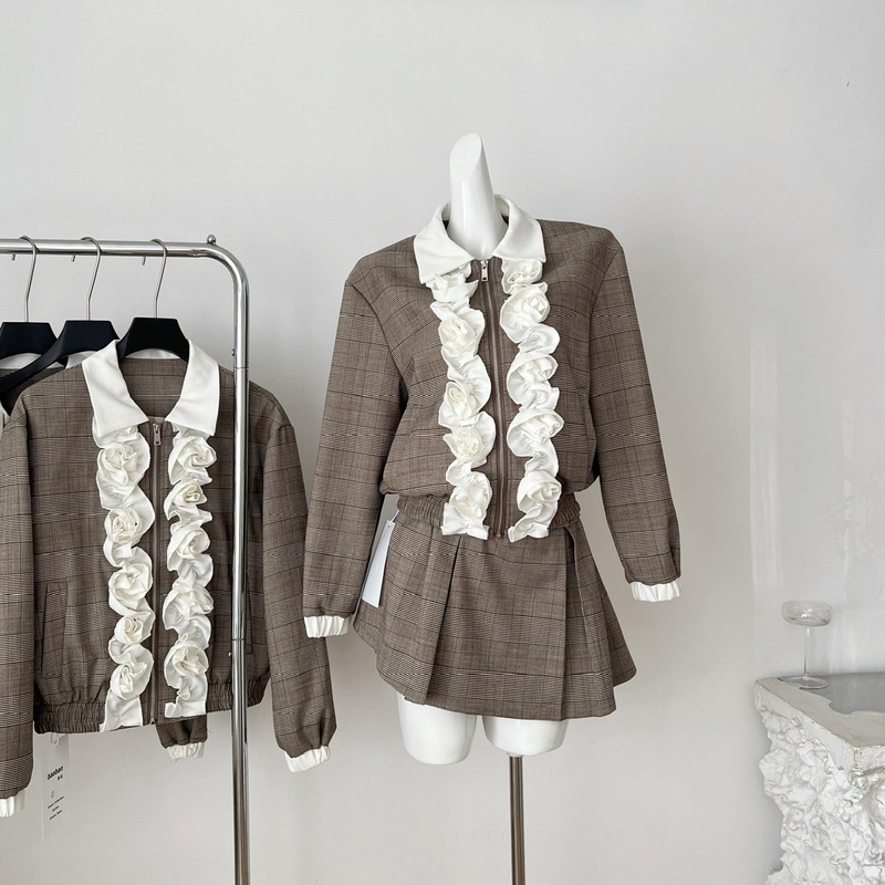 Temple Mai Taitian Ruffled Plaid Short Jacket Women's Autumn and Winter New Jacket Top Skirt Suit 2025 Winter