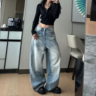 磨白水洗折痕牛仔裤女美式宽松梨形身材胖妹妹高腰直筒拖地长牛仔