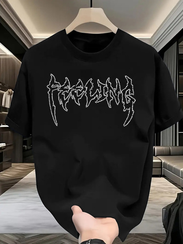 Cross-border hot drilling rock font T-shirt men's summer art casual black short-sleeved trendy street top