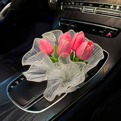 car center console interior decorations – Car ornaments - 5-deep-pink-tulip-bouquet-wrapped