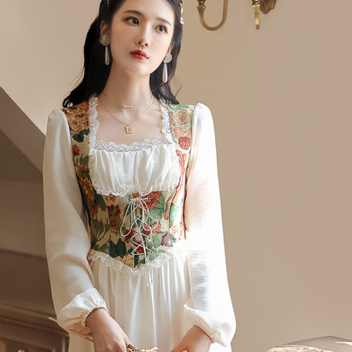 French-style court dress with vintage floral patterns, slimming, sweet and sophisticated, milky tea break escape princess dress