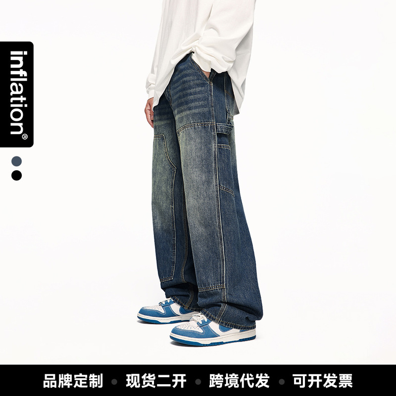 Jie Zhan Men's Clothing | Street Style Retro Lumberjack Jeans, New Spring Collection, Distressed Washed Straight-Leg Pants for Men.