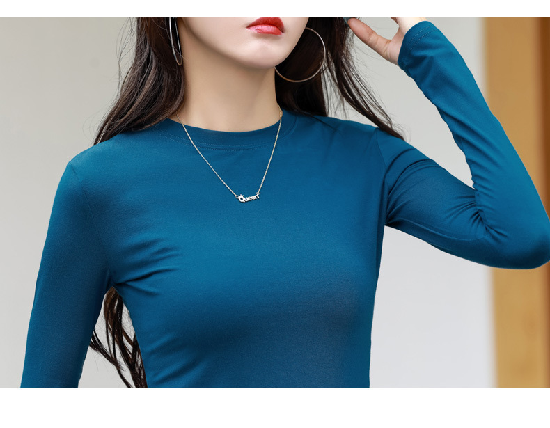 2022春季新款韩版修身显瘦纯色圆领长袖T恤女士打底上衣一件代发详情30